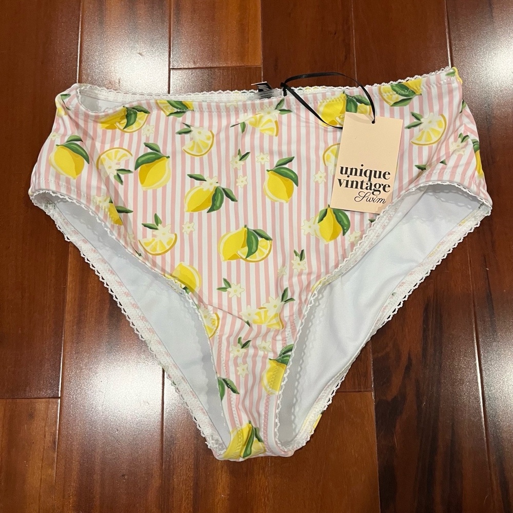 Unique Vintage Lemon Bikini Bottom Swim Yellow Pink White Stripe New NWT XL